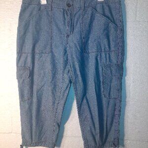 Time & Tru Women's Sz 14 Capri Cargo Pants Cotton Denim Blue Jeans Ankle Tie